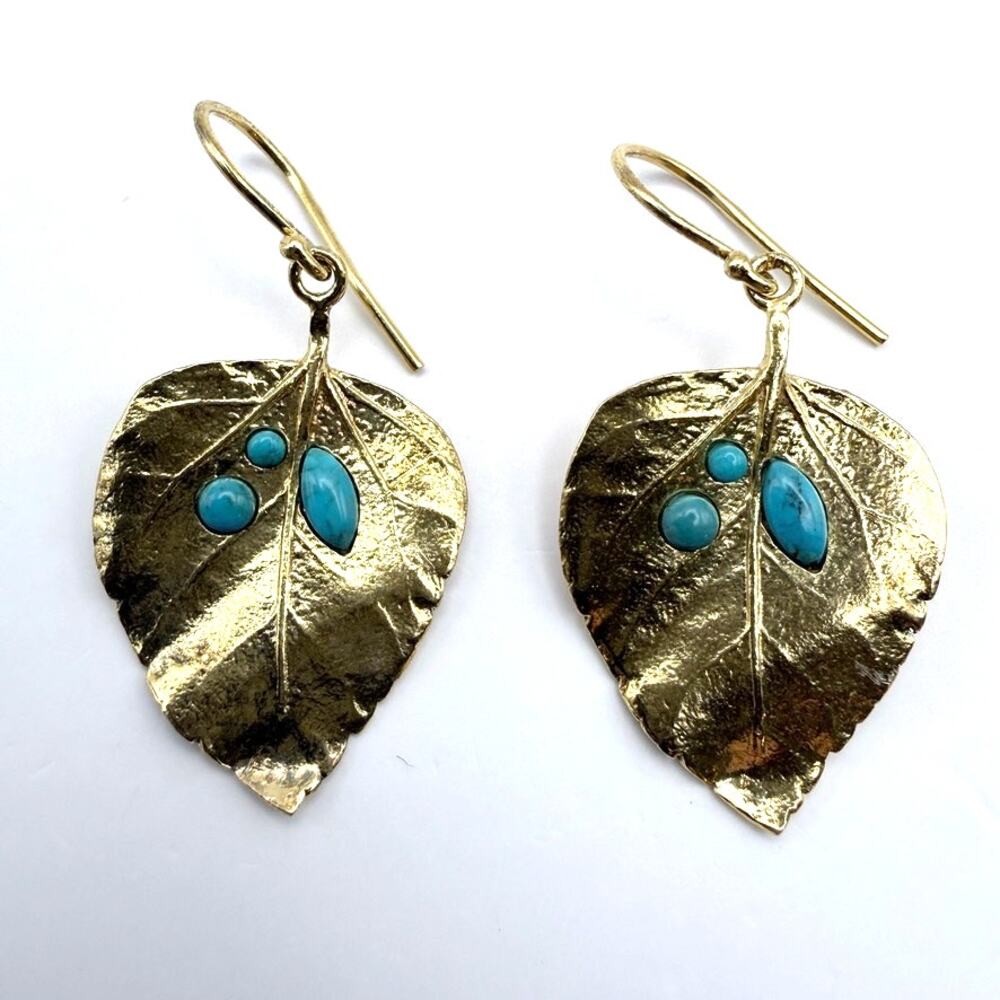 ROSS SIMONS 18K Gold Over 925 Silver Leaf Earrings Blue Turquoise Dangle Drop